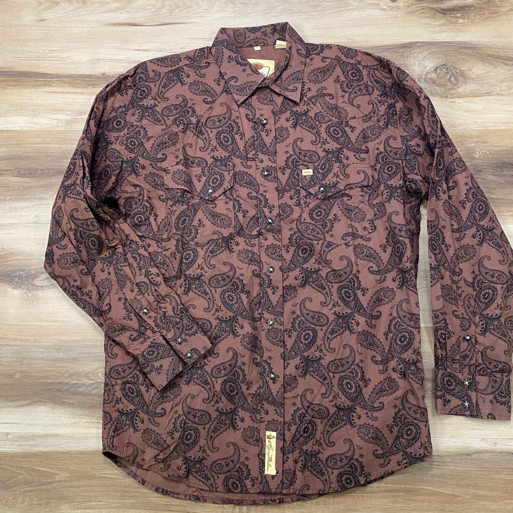 Larry Mahan Western Shirt Large Paisley Cotton Snap Front Cowboy Brown L